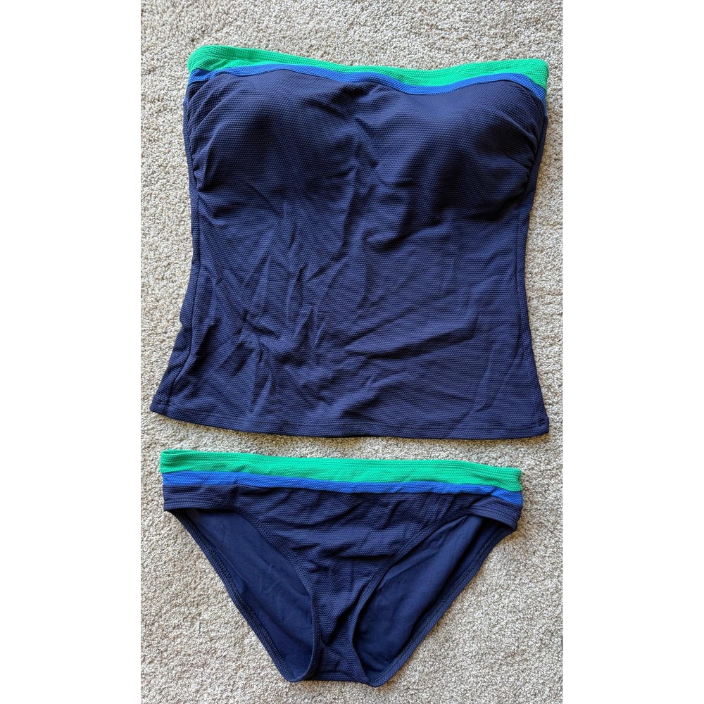 Tommy Bahama Womens Navy Blue Green Striped Tankini Bikini Set L SS100238